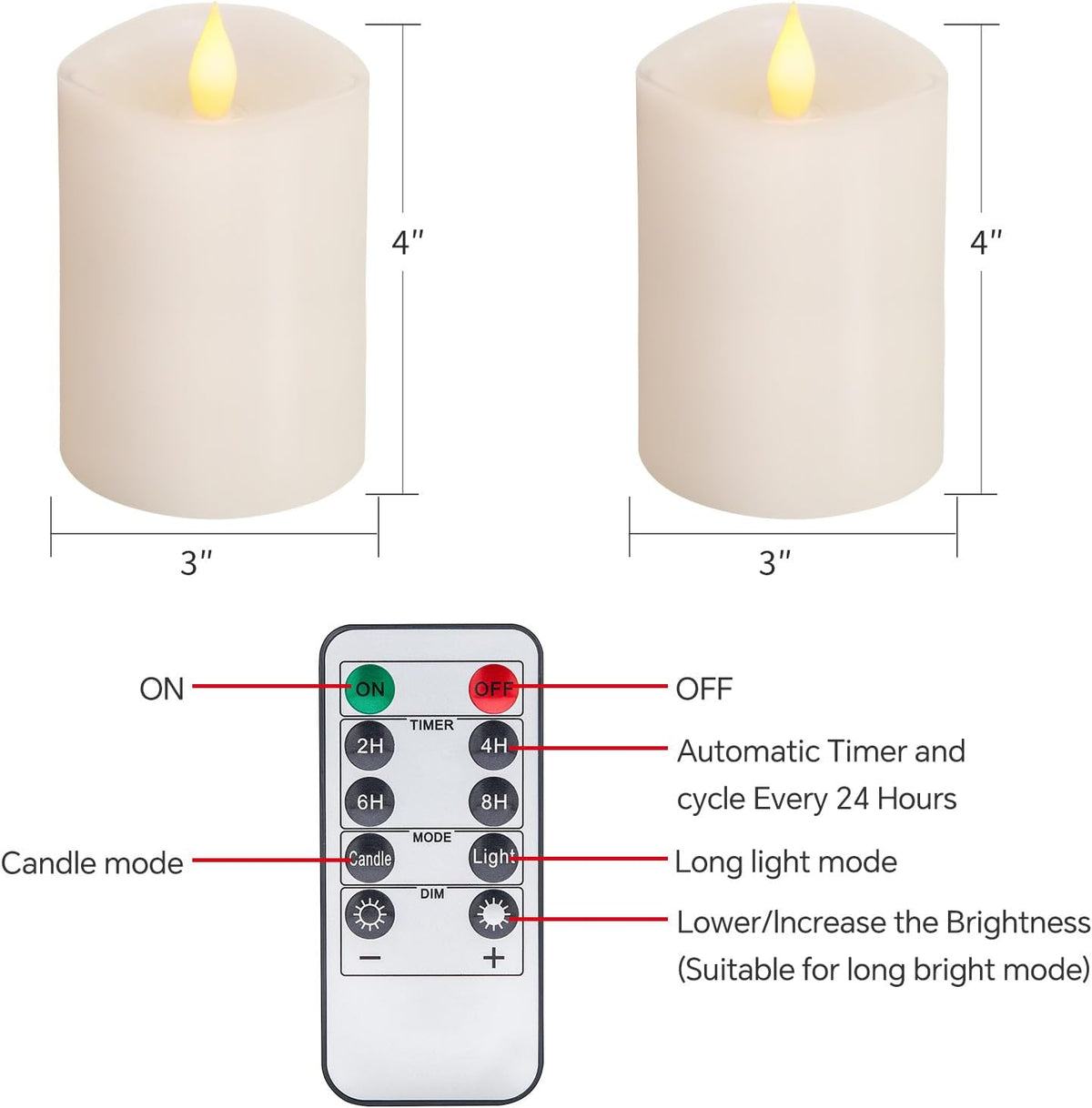 3x4 Flameless Candles with Remote Set of 2, 4 inch Battery Candles Flickering with Timer, LED Pillar Candle for Indoor/Outdoor, White