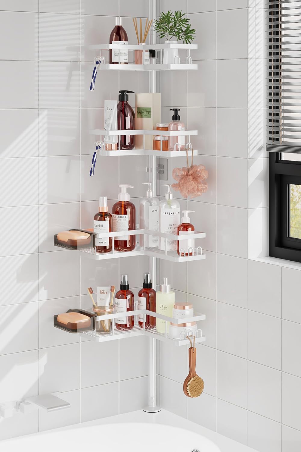 YASONIC Corner Shower Caddy Tension Pole, Adjustable Shower Shelves, Rust-Resistant Shower Organizer, No-Drill 3-Step Installation, Bathroom Shelves for Renters & Family, White