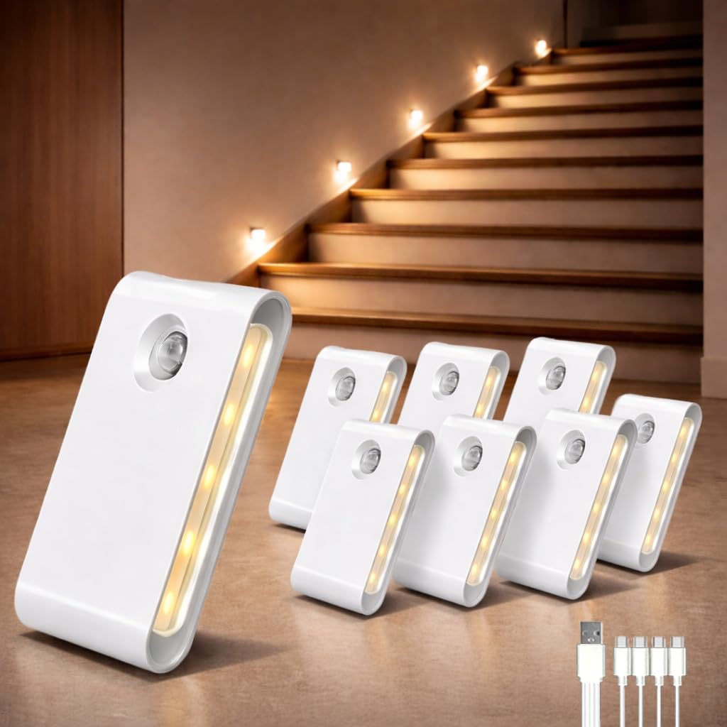 8Pack Motion Sensor Night Lights, Wireless Rechargeable Stair Lights Indoor, 3 Color Temperatures & Stepless Dimming, LED Night Lights for Stairs, Hallway, Kitchen, Closet, Cabinet