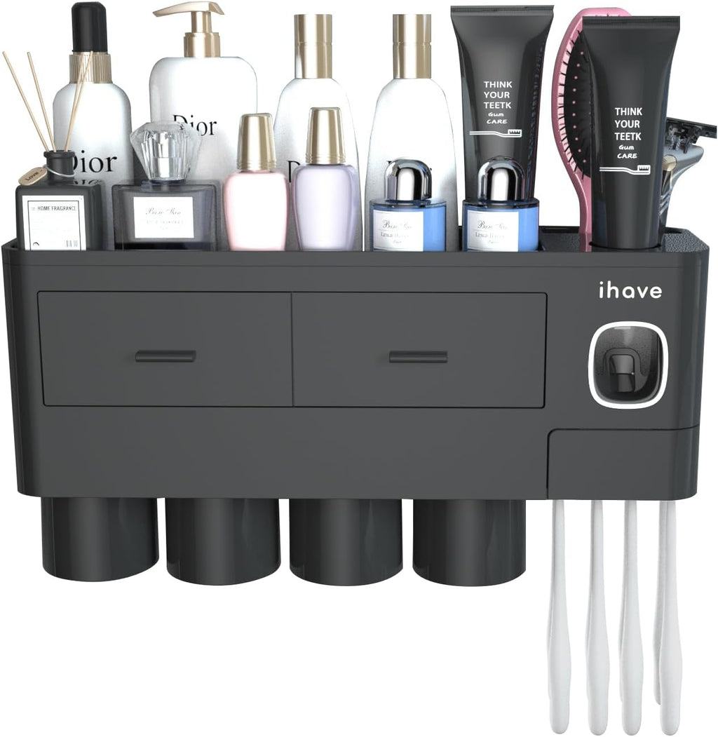 iHave Toothbrush Holders Wall Mounted with Toothpaste Dispenser & 4 Cups