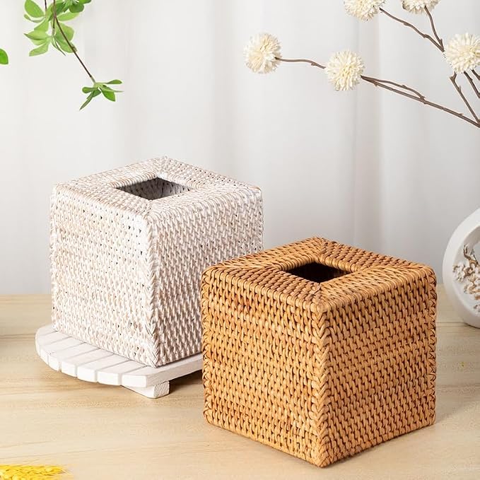 Rattan Tissue Box Cover Square, Wicker Tissue Box Holder, Decorative Woven Facial Tissue Holder for Bathroom, Kitchen, Living Room, Bedroom (Natural)