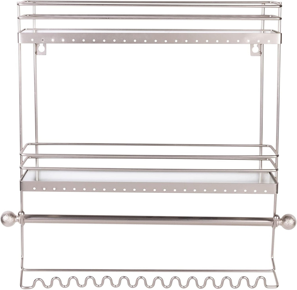 Home Details Wall Mounted Jewelry Organizer | Dimensions: 14.6"x 3.9"x 15.6" | 2 Tier Mirror | Home Organization | Great for Bracelets | Necklaces | Earrings | Mirror Based Shelf | Satin Finish