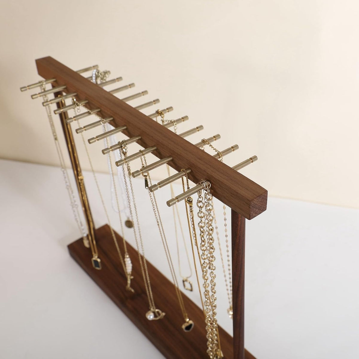 Medium necklace hanger shelf with 12 copper bars, Wooden jewelry storage organizer rack for hanger necklace bracelet, necklace display stand for boutique store【Walnut】