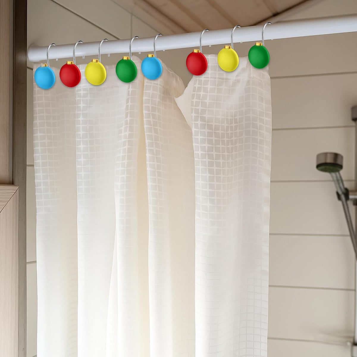 Thyle 12 Pcs Christmas Ball Shower Curtain Hooks, Christmas Ball Ornament Decorative Rings Xmas Shower Curtain Hooks Holiday Decorative for Bathroom Accessories