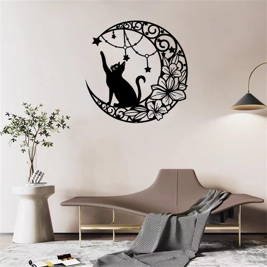 Gemseek Black Metal Cat Wall Decor, Cute Moon Cat Wall Art Sculpture