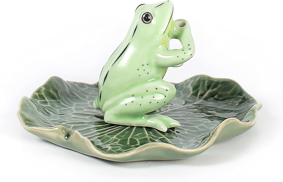 2" Light Green Frog On 4" Wide Lotus Leaf Ceramic Incense Stick Holder Artistic Collectible Figurine for Adult Collectors Interior Accent Gift Handcrafted Porcelain Home Room Decor
