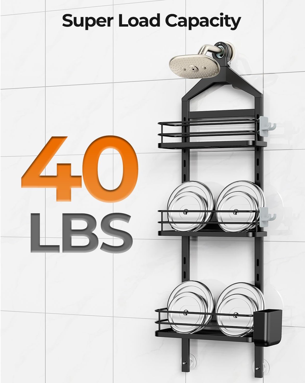 ODesign 3 Tier Adjustable Shower Caddy Hanging Over Head Anti-Swing Black