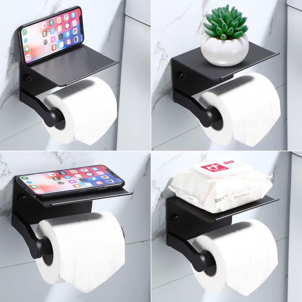Toilet Paper Holder with Phone Shelf, Self Adhesive Aluminum Tissue Roll Dispenser for Mega Roll, Wall Mounted Toilet Paper Roll Holder for Bathroom, Matte Black