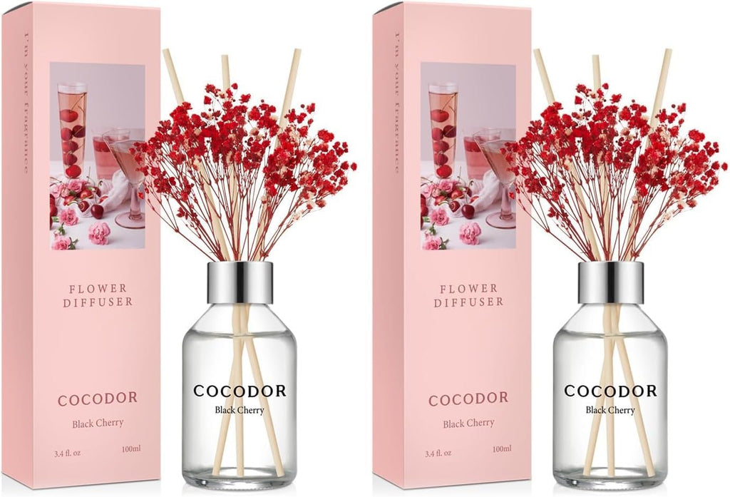 COCODOR Flower Reed Diffuser Set / 3.4oz / Black Cherry/Scent Diffuser with Sticks Home Fragrance Reed Diffuser for Bathroom Shelf Decor (Pack of 2)