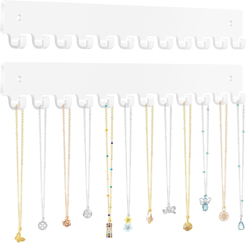 Acrylic Necklace Holder 2 Pack Wall Mounted Necklace Organizer Hanging Jewelry Organizer with 12 Hooks for Necklaces, Bracelets, Rings and Bangles Display（White）