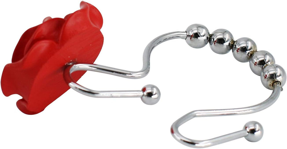 BEAVO 12 Pcs Double Shower Curtain Hooks with Glide Balls, Red Shower Hooks