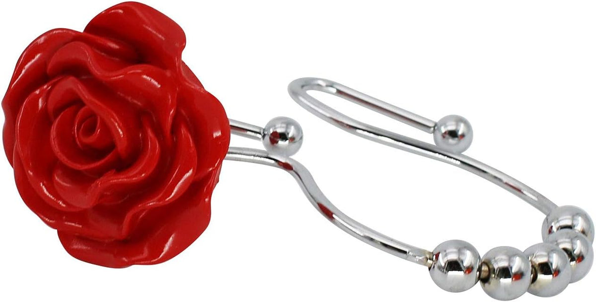 BEAVO 12 Pcs Double Shower Curtain Hooks with Glide Balls, Red Shower Hooks