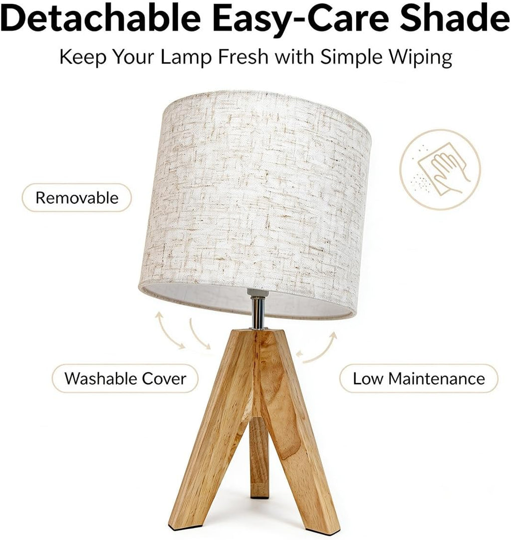 Tripod Table Lamp Small: 2 Pack Wooden Nightstand Lamp with E26 Socket