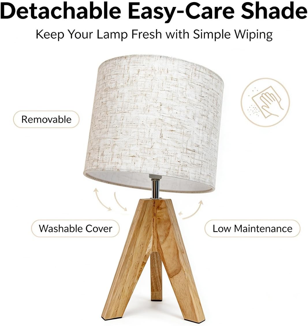 Tripod Table Lamp Small: 2 Pack Wooden Nightstand Lamp with E26 Socket