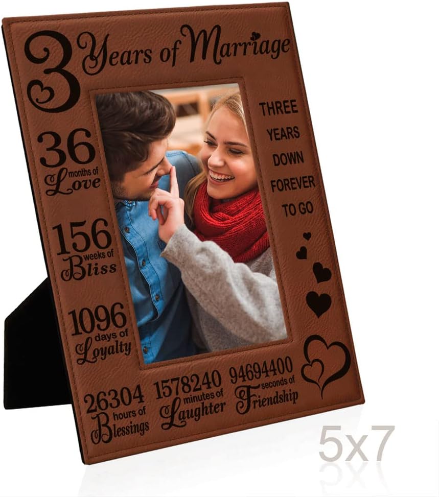 KATE POSH 3rd Anniversary Engraved Rawhide Leather Picture Frame (5x7 Vertical)