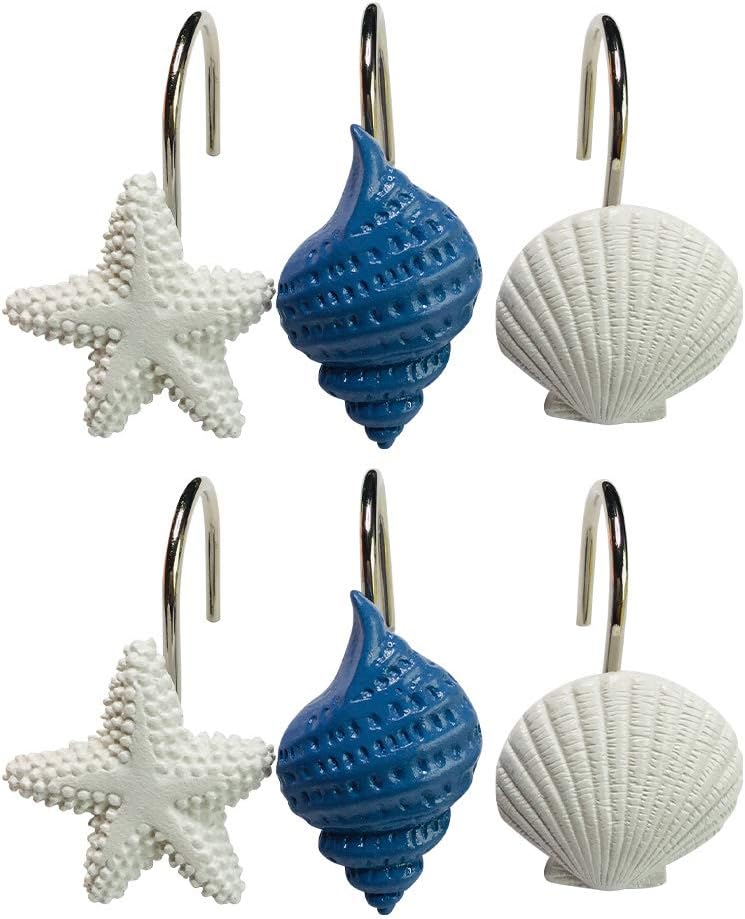 Twofishes Blue Seashell Shower Curtain Hooks S/12 Ocean White Starfish Style Shower Curtain Rings Pack of 12 Oecan Shell Shower Rings Set of 12