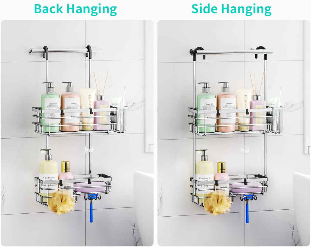 HapiRm Hanging Shower Caddy Organizer - No Drilling Shower Shelves with Hooks and Toothbrush Holder, Rustproof 304 Stainless Steel Bathroom Organizer - Silver