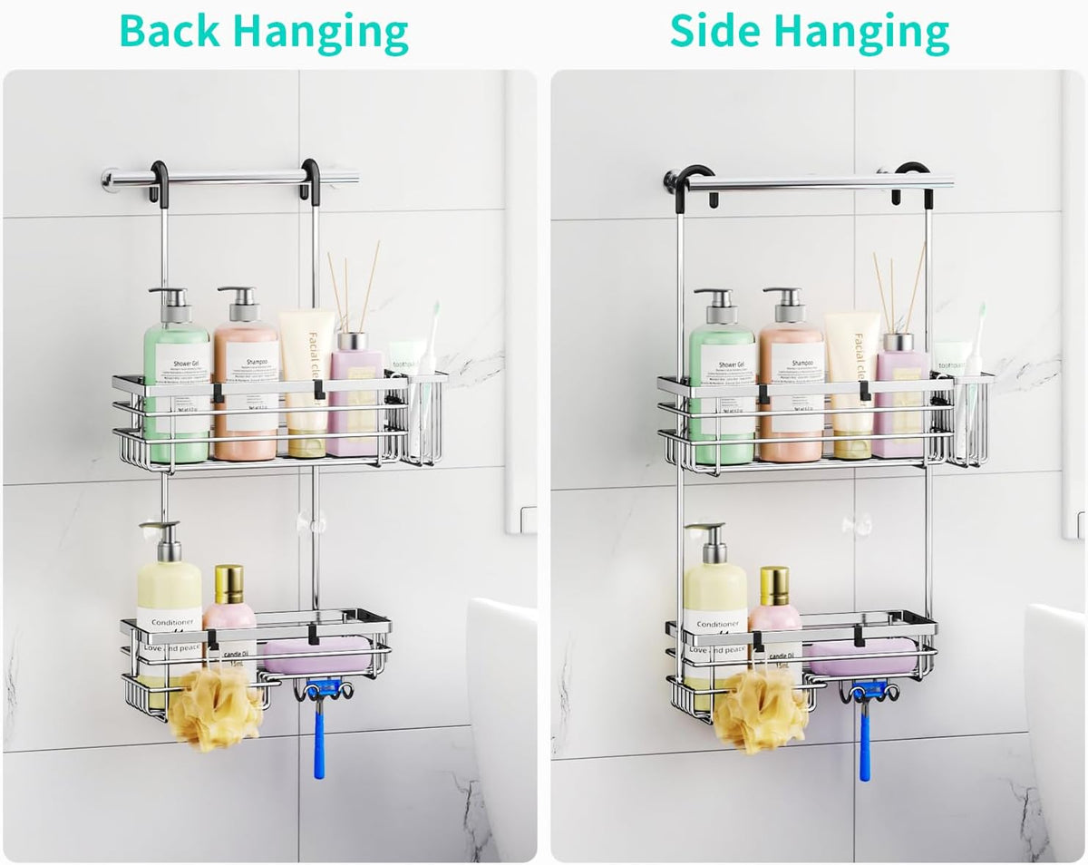 HapiRm Hanging Shower Caddy Organizer - No Drilling Shower Shelves with Hooks and Toothbrush Holder, Rustproof 304 Stainless Steel Bathroom Organizer - Silver