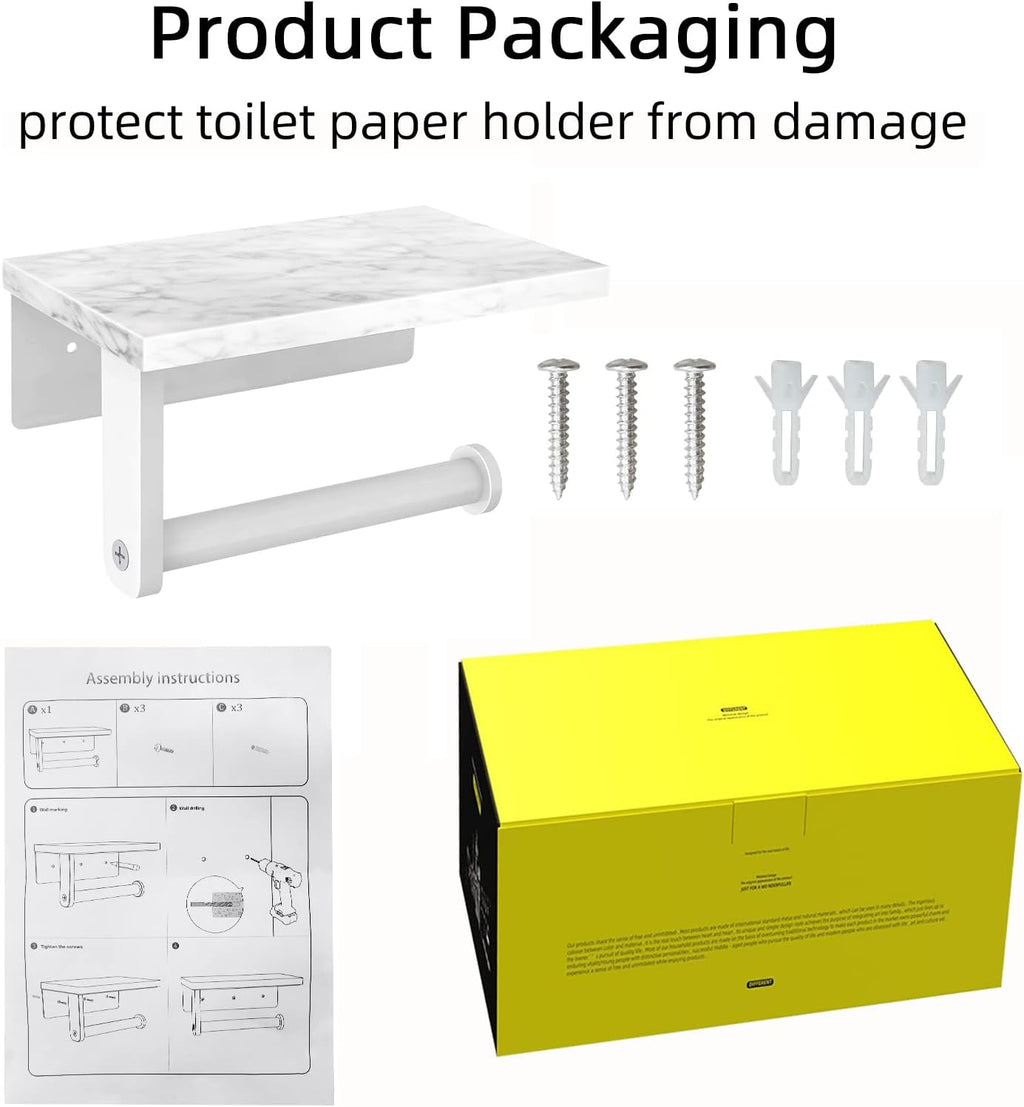 Gypie Toilet Paper Holder with Marble Shelf, Wall Mounted White
