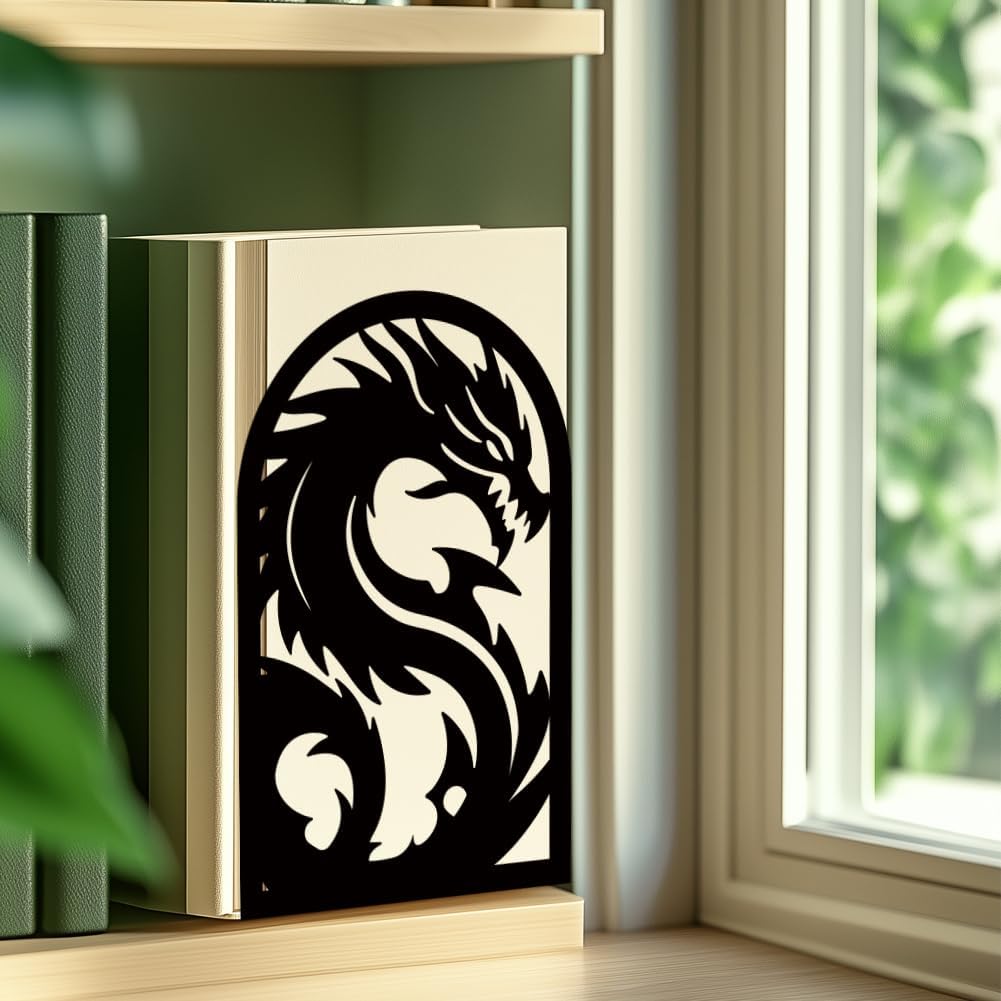 INFUNLY 1 Pair Dragon Book Ends for Shelves Loong Non-Skid Metal Bookshelf Holder Stand Black Book Stopper Support for Desktop 7.1x4.7x3.5 for Home Office Library School Kitchen Decor