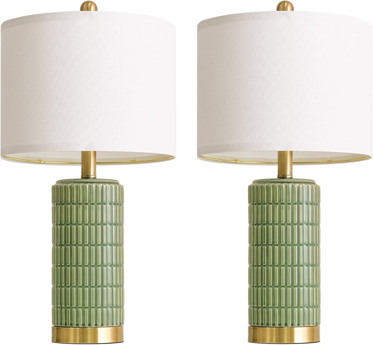 PoKat Bedside Table Lamps Set of 2 for Living Room with 2 USB Ports, 21.5'' Small Modern Nightstand Lamps for Bedroom, Ceramic Side Table Lamps with Gold Base for Office Entryway Decor Gift (Green)