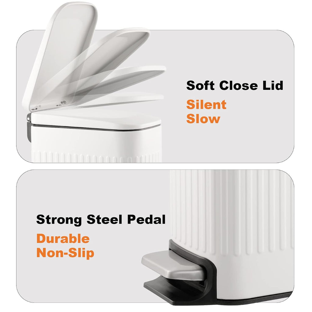 TrashAid Slim Bathroom Trash Can with Lid Soft Close & Pedal, 1.6Gal, White