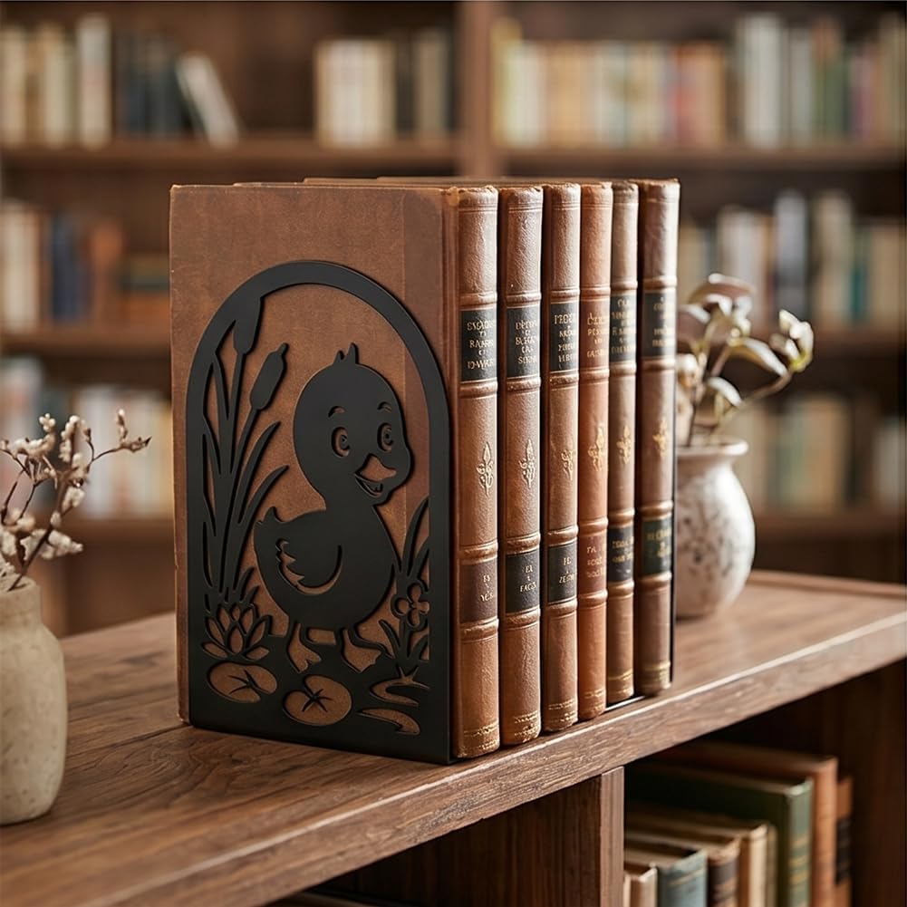 1 Pairs Cute Duck Metal Bookends, Heavy Duty Black Book Support, Creative Books Organiser Stopper for Shelves Bookshelf Office Home Decor, Animal Lovers & Bookworms Gift