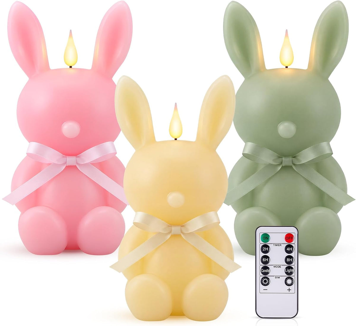 Baquler 3 Pcs Large Easter Bunny Led Flameless Candle 8 Inch Battery Operated Candles with Remote Real Wax Cute Rabbit Shape Candle with Bow 3D Flickering for Gift Home Party Decor (Yellow,Green,Pink)