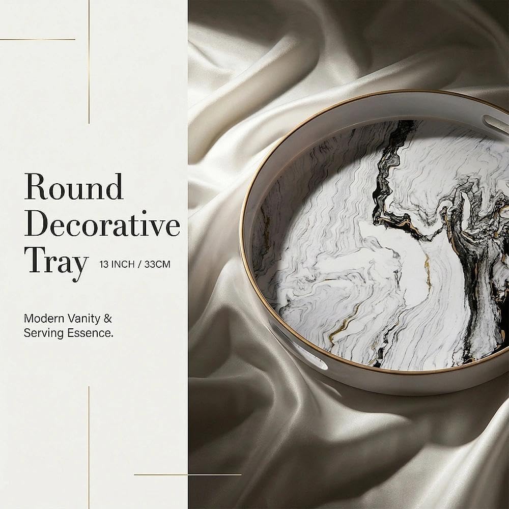 Round Decorative Tray, Marbling Plastic with Handles, Modern Vanity and Serving for Ottoman, Coffee Table, Kitchen and Bathroom, Size 13", White