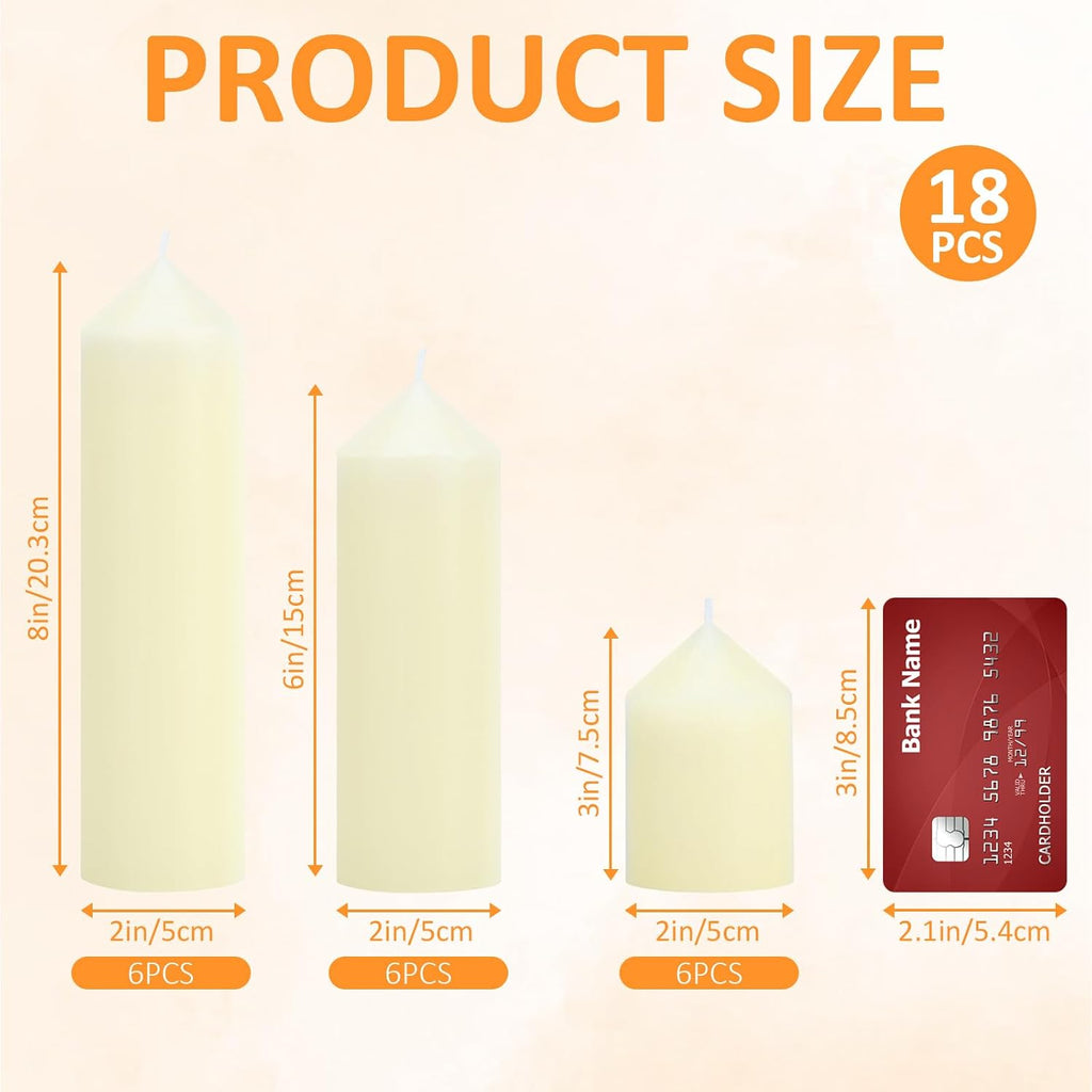 18 Pcs Ivory Pillar Candles Bulk Set，2x3 2x6 2x8 Inch - 12 Each Size，Hurricane Candles，Dripless Unscented Smokeless，Gives You a Better Atmosphere When Organizing Wedding or Event Party.