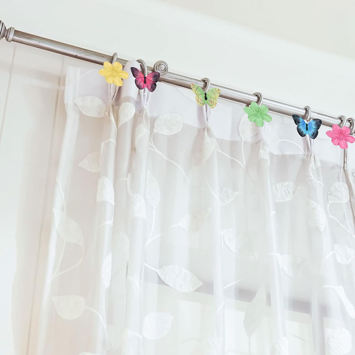 Whaline 12Pcs Spring Floral Butterfly Shower Curtain Hooks Colorful Resin Pendants Accessories Flower Butterfly Decorative Curtain Hanger Anti Rust Hooks for Home Bathroom Bedroom, 6 Designs