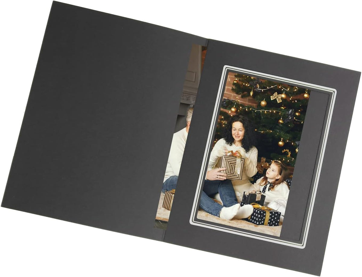 Golden State Art, Pack of 10, 5x7 Photo Folders, Cardboard Picture Frame, Paper Frame Cards, Greetings/Invitation Special Events: Graduation, Christmas (Black with Silver Lining)