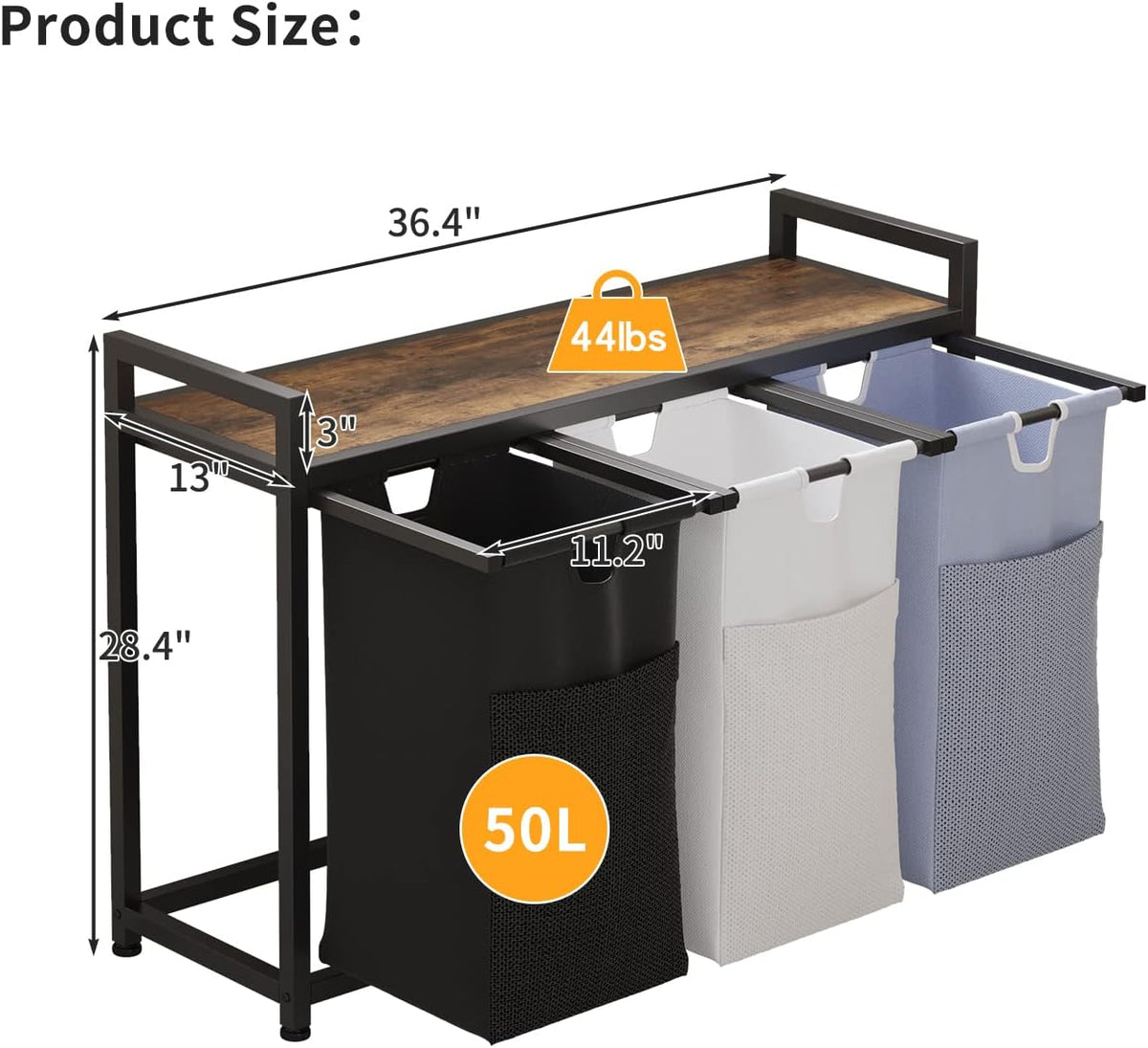 LIVEHOM Laundry Basket Three Laundry Hamper with Removable Bags, Fabric Handles, Large Top Shelf and Laundry Bag for Bathroom, Dorm, Laundry Room