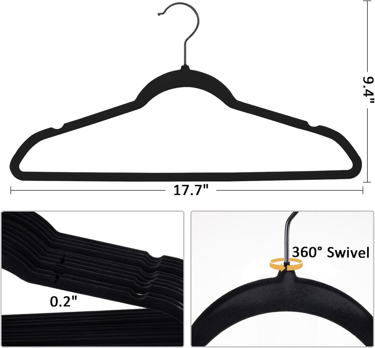 Pack of 30 Velvet Hangers, Space-Saving Heavy Duty Clothes Hangers for Suit, Non-Slip, 0.2 Inches Slim, 17.7 Inches Wide, 360° Swivel Black Hook - Black