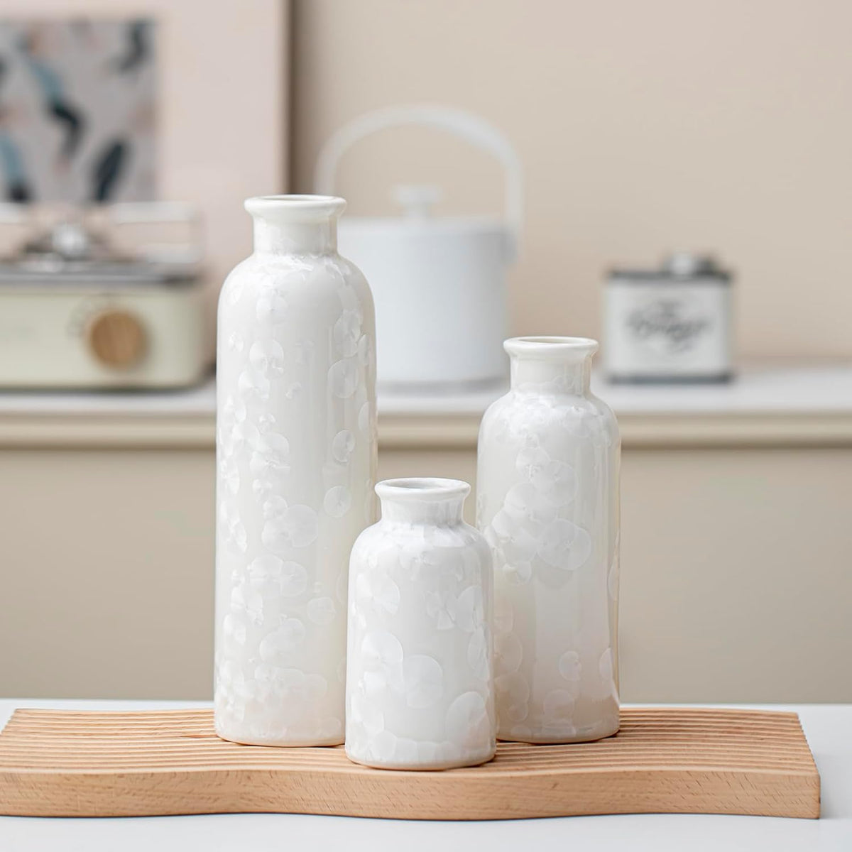 Modern Ceramic Vase Set of 3, White Crystalline Glaze Colors, Decorative Bottles for Home, Farmhouse Rustic Decor Housewarming Gifts, Wedding Gifts, Birthday Gifts for Women(Crystalline Glaze White)