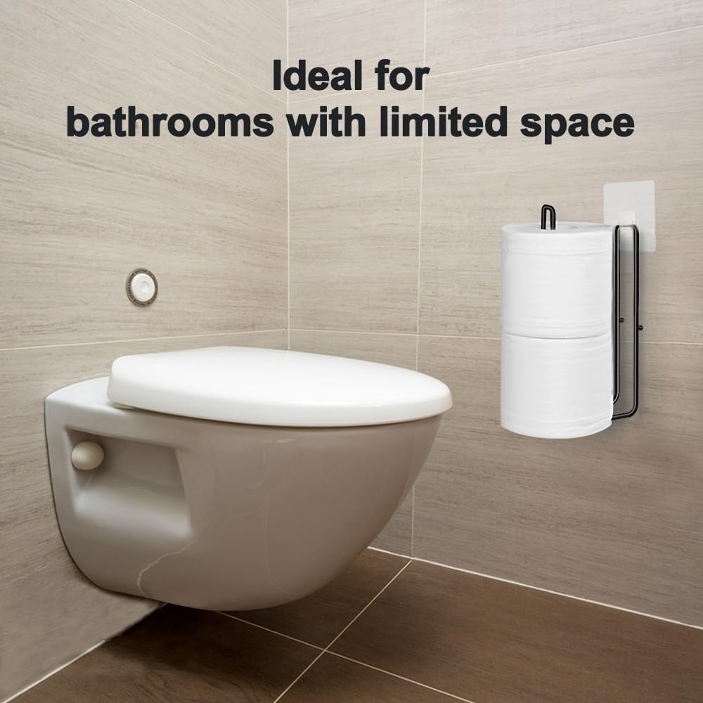 Matte Black Extra Toilet Paper Storage for 2 Roll Tissue Over The Tank Toilet Paper Roll Holder Stainless Steel Adhesive Hanging Toilets Tissue Holder Wall Mounted for Bathroom RV Camper(2 Pack)