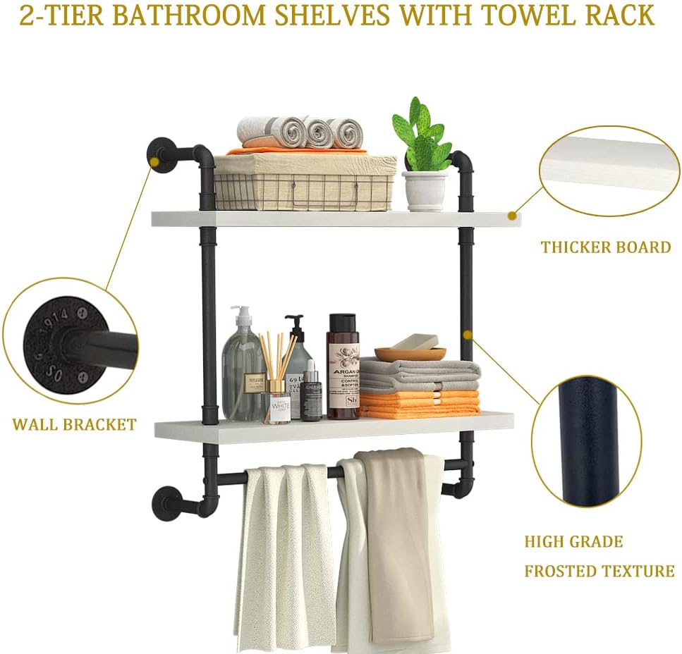 Helsin 24inch Industrial Pipe Shelving Bathroom Shelves Wall Mounted with Towel bar, 2 Tier Rustic Wood Floating Shelf, Metal Towel Rack Wall Shelf for Home & Bathroom (White, 24inch)