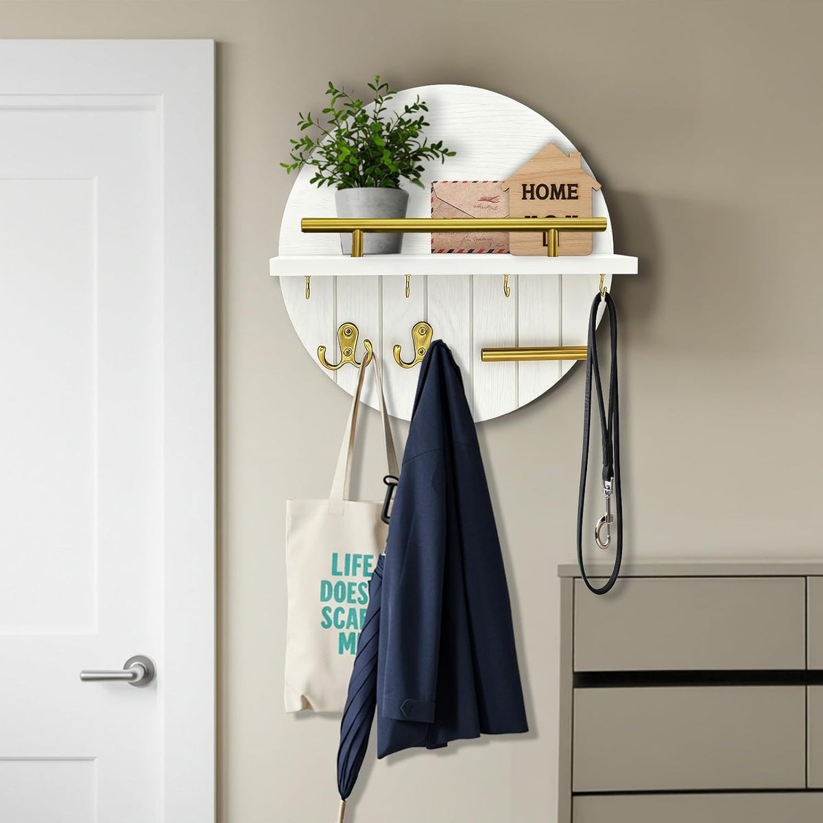 Round Wooden Key Holder Wall Mount with Shelf & 8 Key Hooks for Entryway