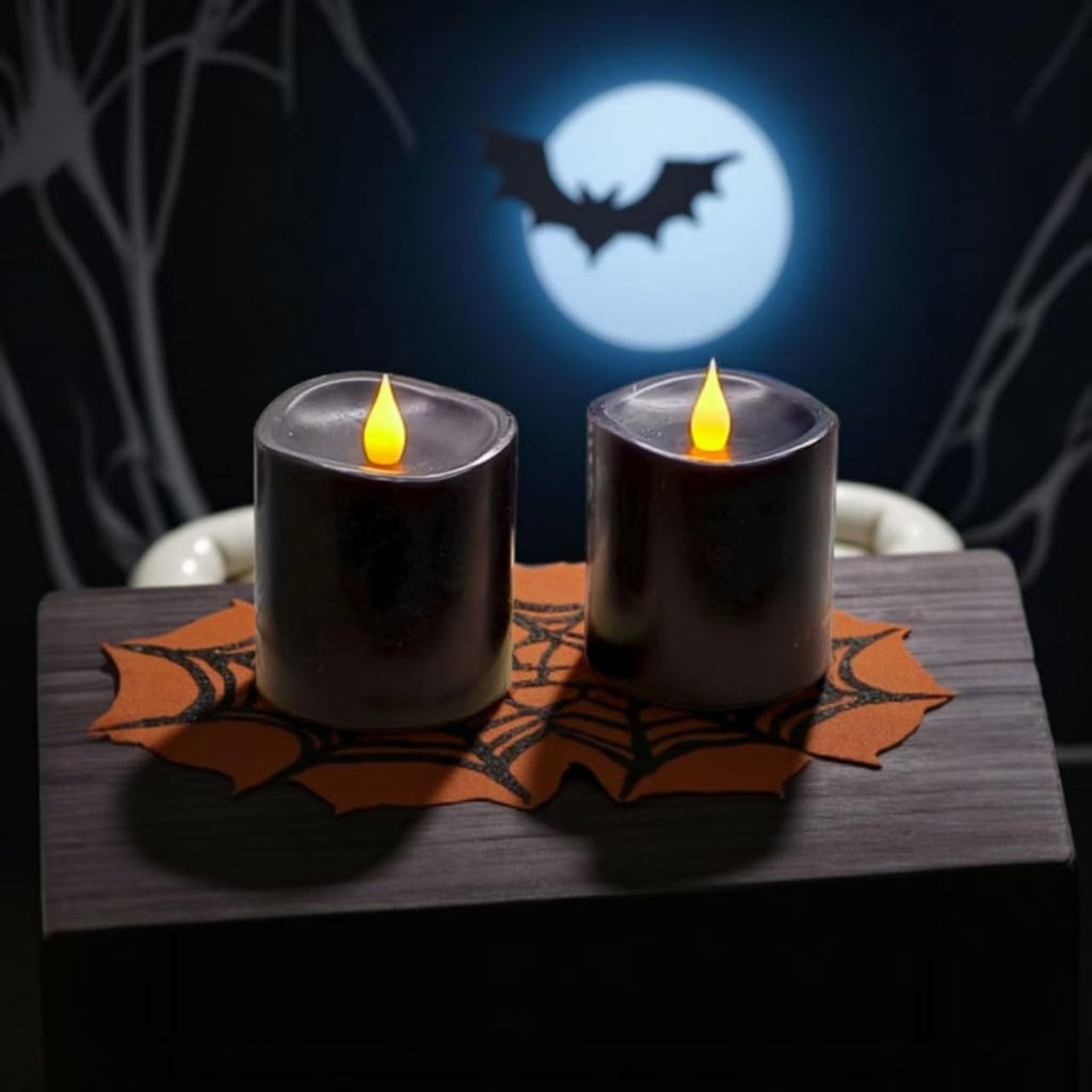 Black Flameless LED Candles 3 inch Diameter Real Wax 2AA Battery Operated 600hr+ Flickering Candles with Timer Remote Control for Halloween Thanksgiving Christmas Indoor (Black, 3″×3″- 2 PCS)