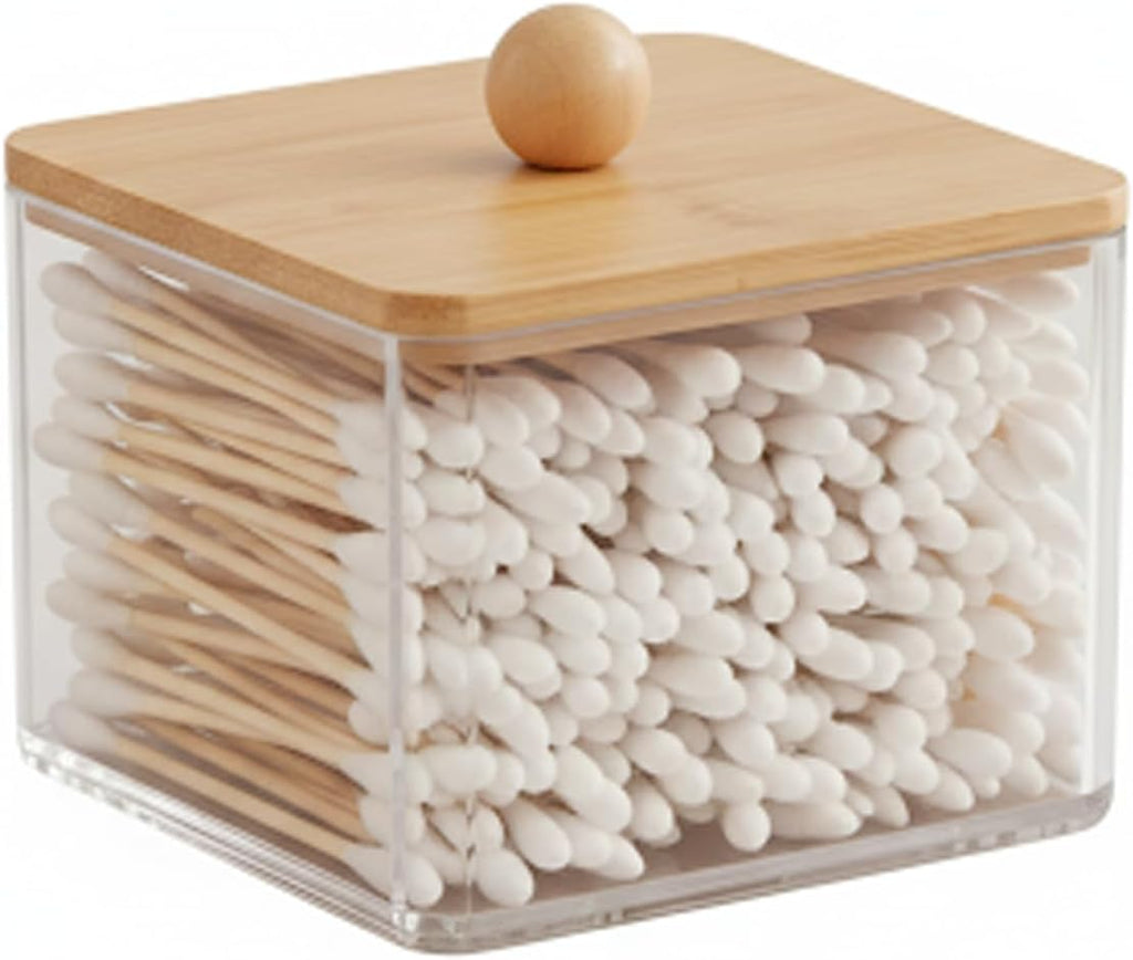 Cotton Swab Holder, Square, Bamboo Lid, Single Layer