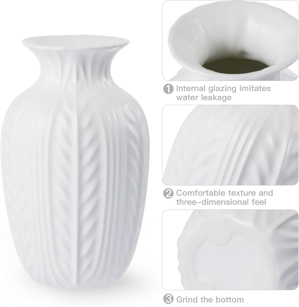 Lvases 10in Wheat Textured White Ceramic Flowers Vase Modern Home Decor