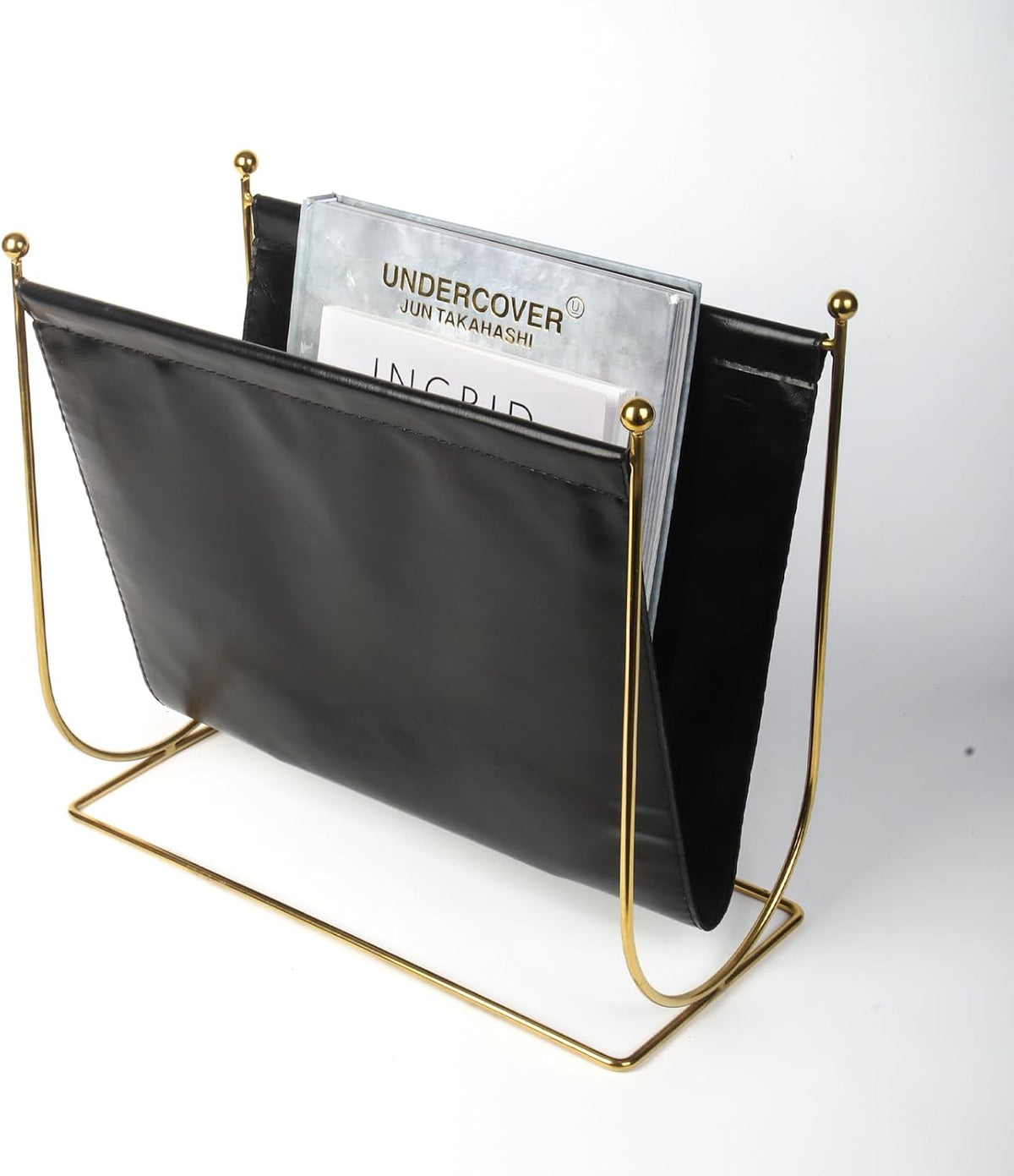 Black Leatherette Magazine Rack Holder, with Metal Ball Bracket,Modern Fashion Style for Books,Newspapers,Home Staging,Bedroom,Hotel,Offices and Living Rooms