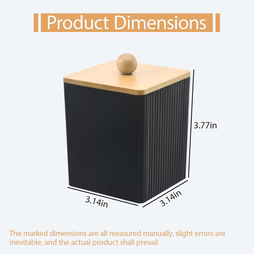 Cotton Round Holder 2Pcs Qtip Container with Lid, 3.77×3.14×3.14 Inches Black Acrylic Square Cotton Swab Holder with Bamboo Lid for Cottons Balls Swabs Floss Picks Canisters