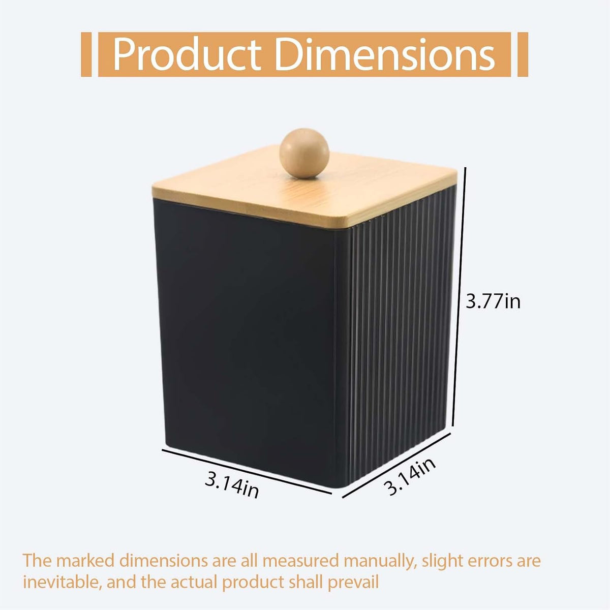 Cotton Round Holder 2Pcs Qtip Container with Lid, 3.77×3.14×3.14 Inches Black Acrylic Square Cotton Swab Holder with Bamboo Lid for Cottons Balls Swabs Floss Picks Canisters