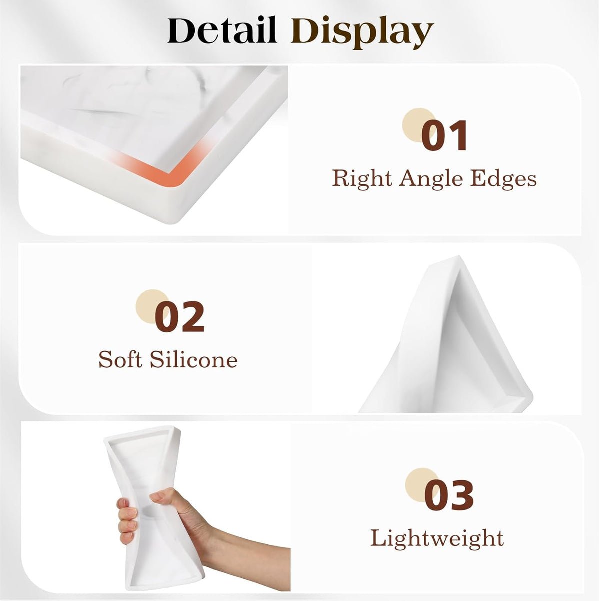 Luxspire 2 Pack Silicone Bathroom Tray 7.9" Vanity Tray, Marble White