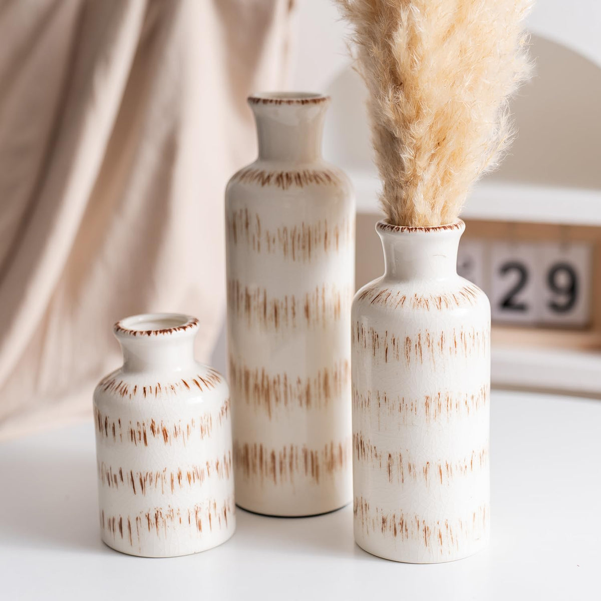 Vintage Ceramic Flower Vase Set of 3, Rustic Farmhouse Vase for Home Decor, Distressed Decorative Vase for Table Entryway Mantel Centerpiece Living Room Bathroom Bedroom (Ivory Vein)