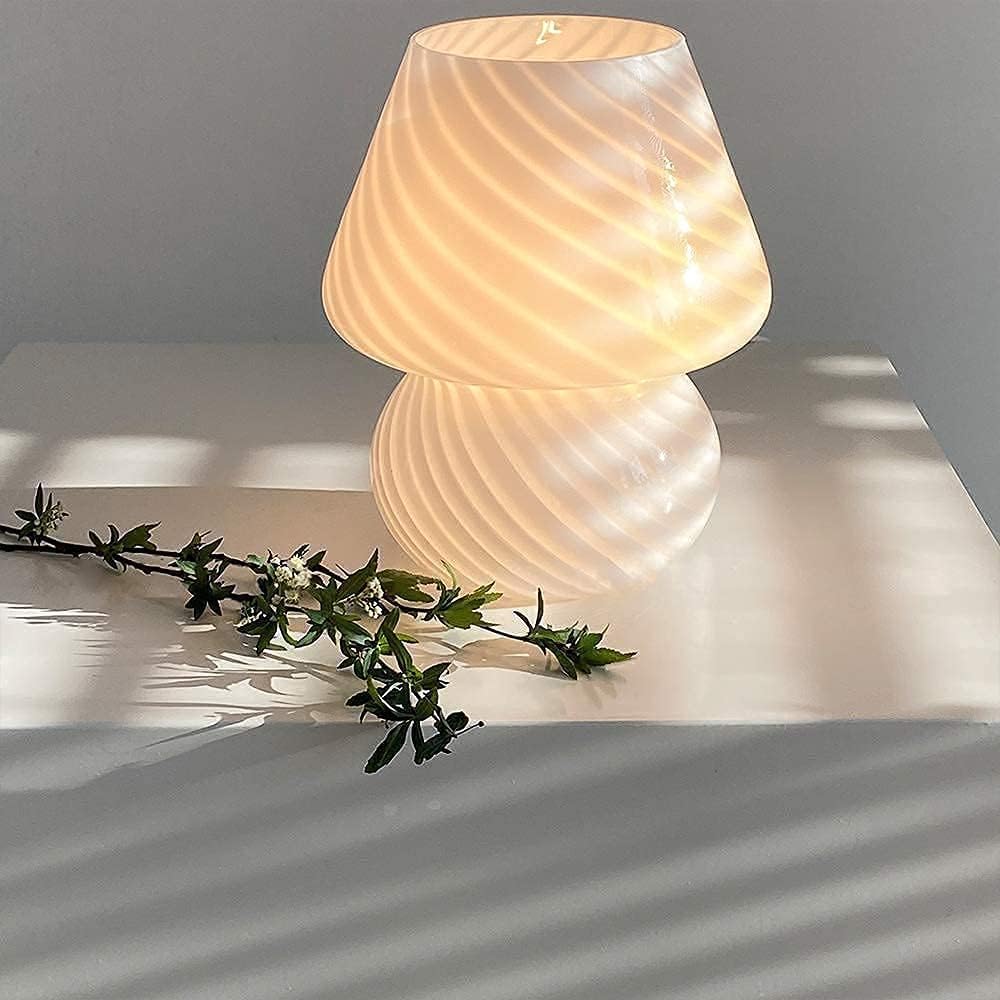 Translucent Table Mushroom Lamp Italian Style Modern Striped Glass Bedside Lamps Desk Light, Used for Baby Home Decoration of Dining, Living, Study,Gift