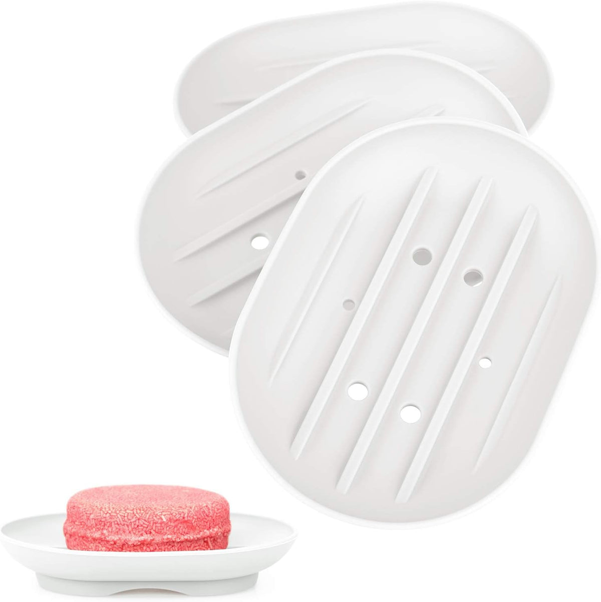 Soap Dish, Bathroom Soap Dishes Soap Holder Soap Tray with Holes to Drain Water- Oval Shape Soap Dish for Shower Bathroom Kitchen Counter Top, Keep Bars Dry - Flexible Silicone White, 3 Pack