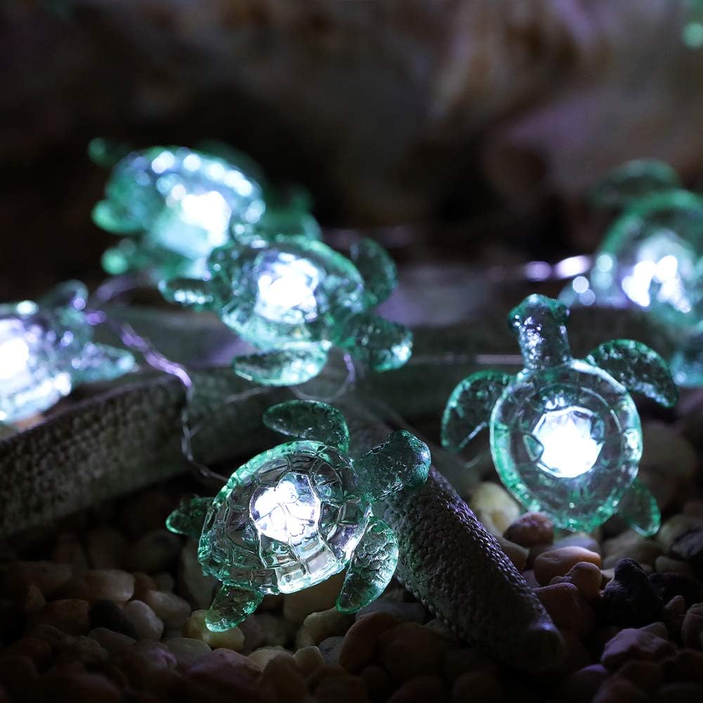 WSgift Sea Turtle Decorative String Lights, 18.7 Ft 40 LED USB Plug-in Silver Copper Wire Beach Theme Fairy Lights for Indoor Outdoor Decoration Projects (Cool White, Remote Control with Timer)