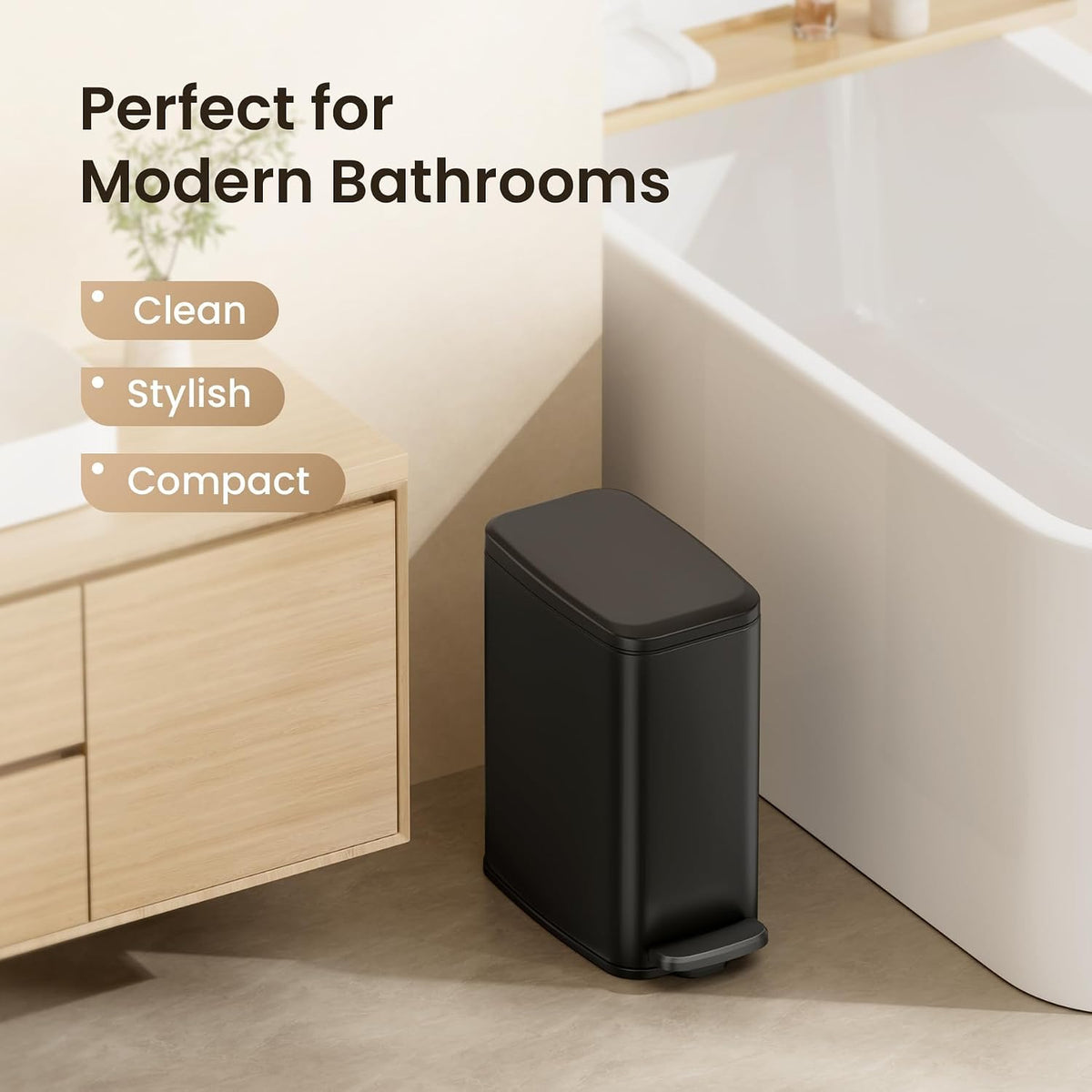 Cesun Slim Bathroom Trash Can with Lid, Soft Close, Black, 6L/1.6 Gallon